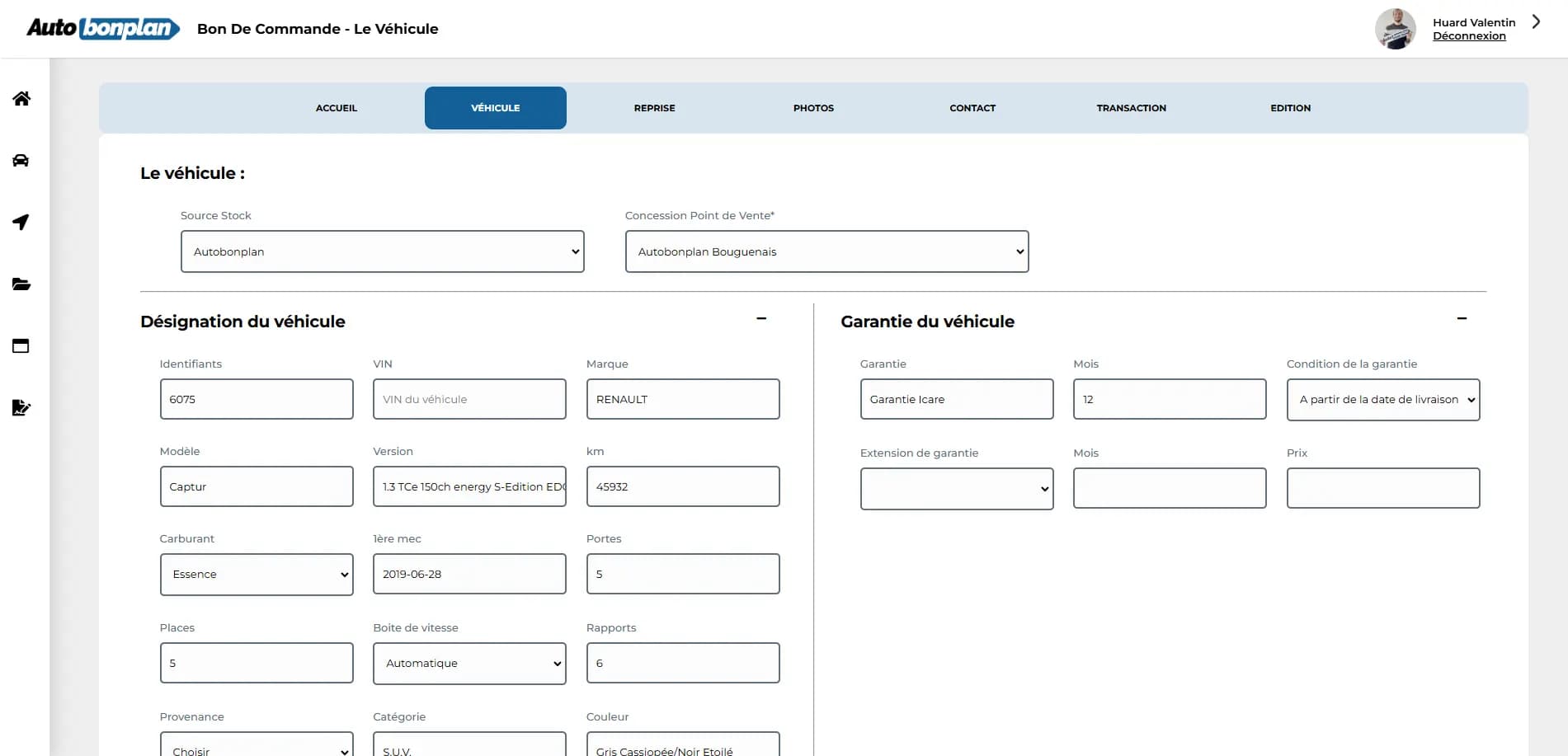 Interface Bon de commande